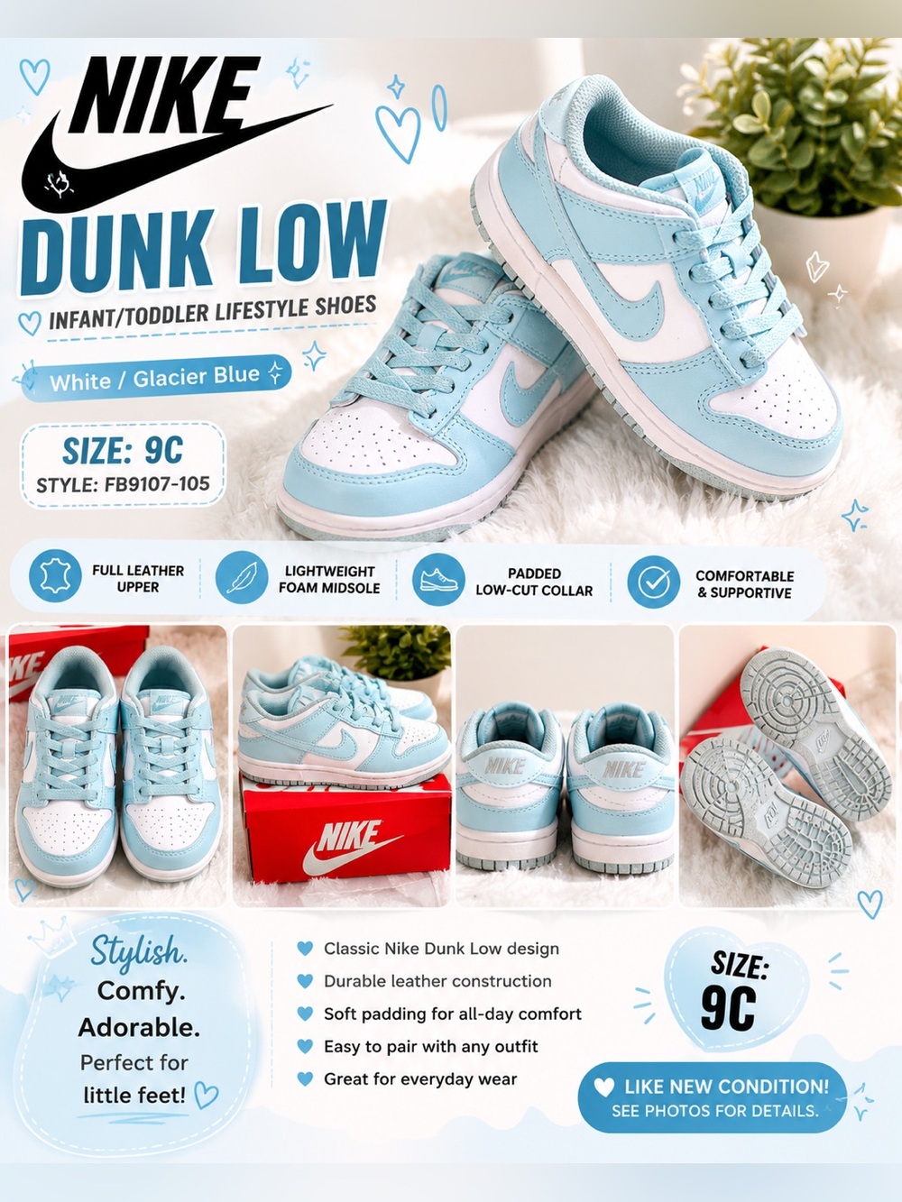 Nike Dunk Low Infant/Toddler Lifestyle Shoes White/Glacier Blue Size 9C w/ Box